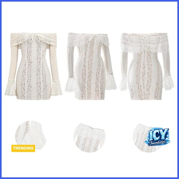 Off Shoulder Lace Maxi Dress Bell Sleeve Bodycon Mermaid Mesh - Picture 7 of 7